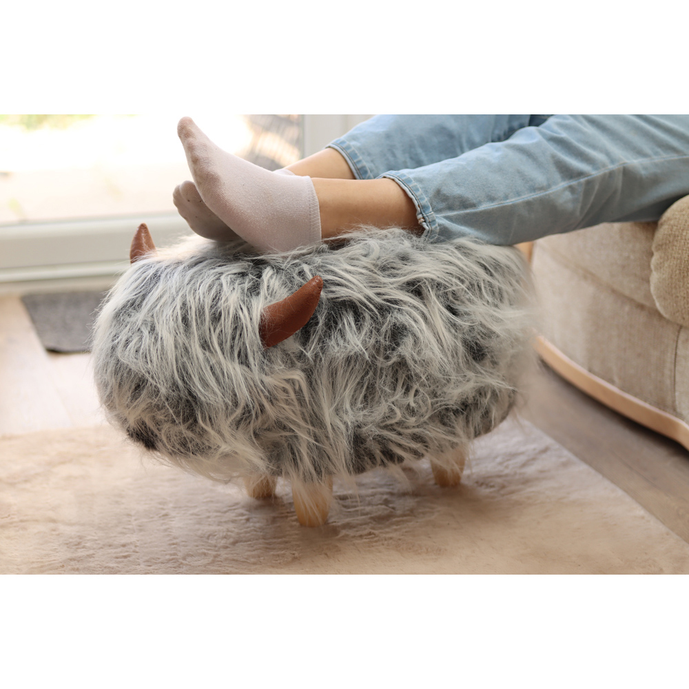 Gardeco Kaytie The Highland Cow Mottled Grey Synthetic Fur Footstool Image 7