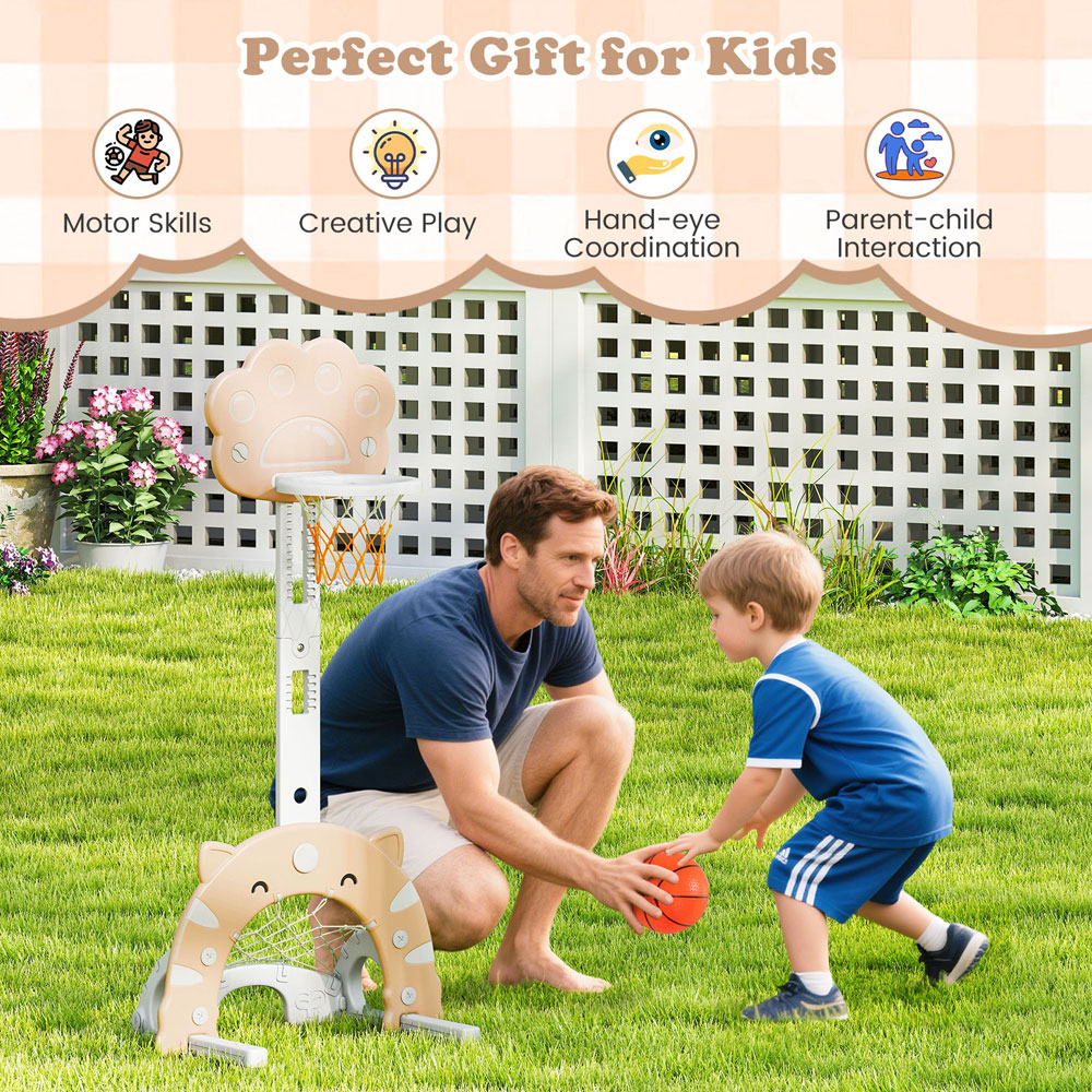 Costway 3-in-1 Kids Coffee Adjustable Basketball Hoop Sports Centre with Soccer Game Image 6