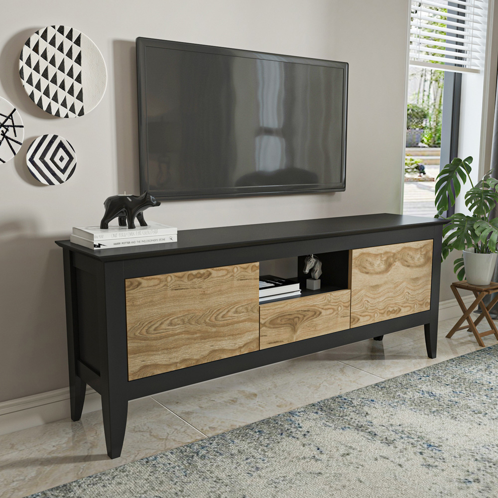 Decorotika Verde 3 Door Single Shelf Oud and Black TV Unit Image 7