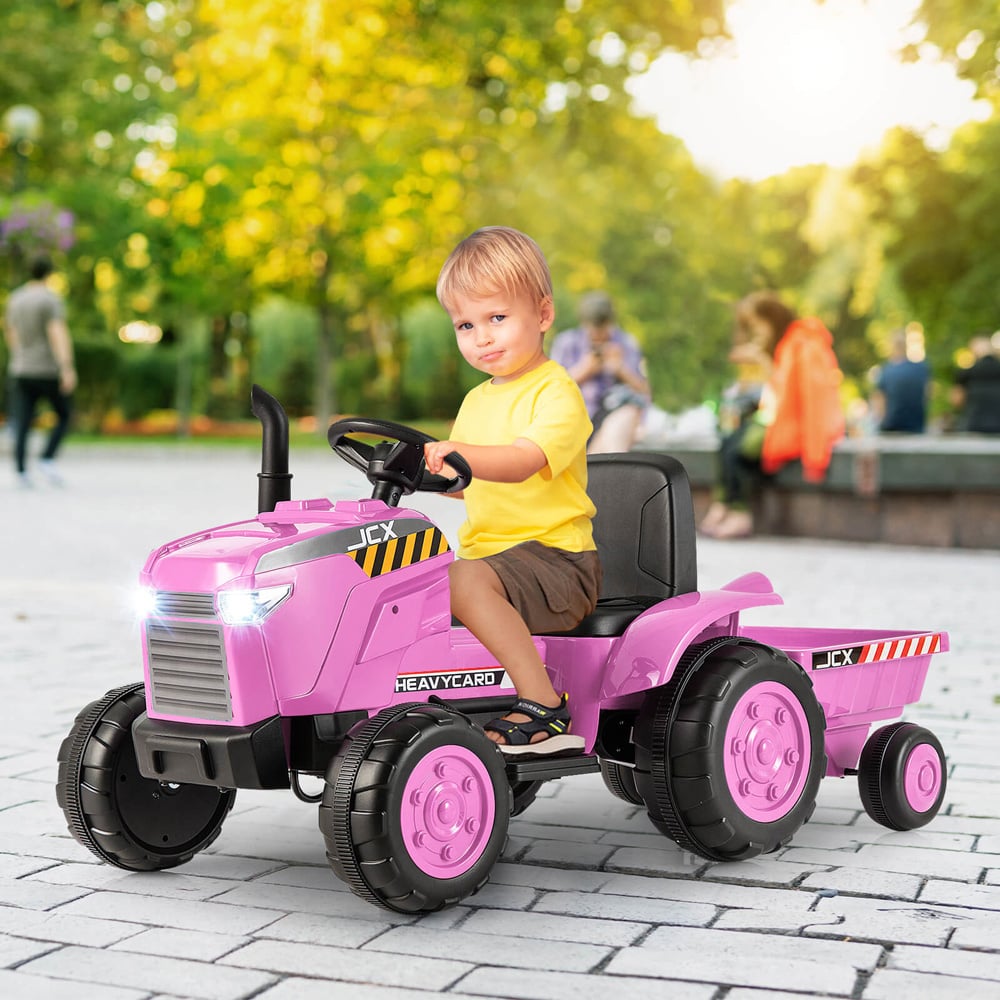 Costway Kids Pink Ride On Tractor with Trailer and Remote Control 12V Image 2