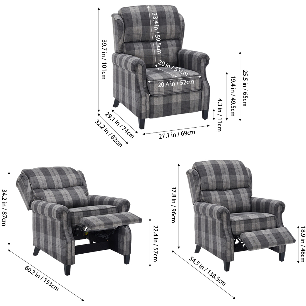 Living and Home Grey and Black Checkered Linen Upholstered Adjustable Recliner Chair Image 9