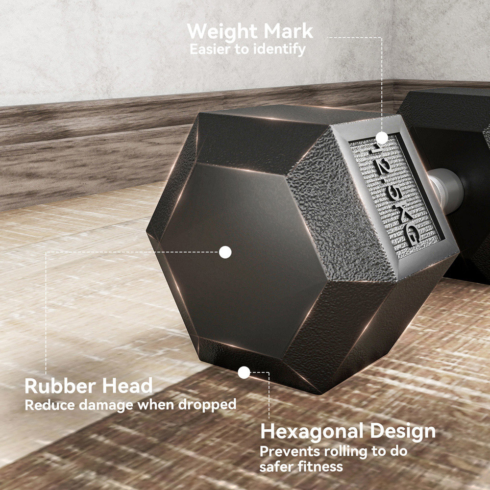 HOMCOM Black Portable Hexagonal Rubber Dumbbell Set 12.5kg 2 Pack Image 8