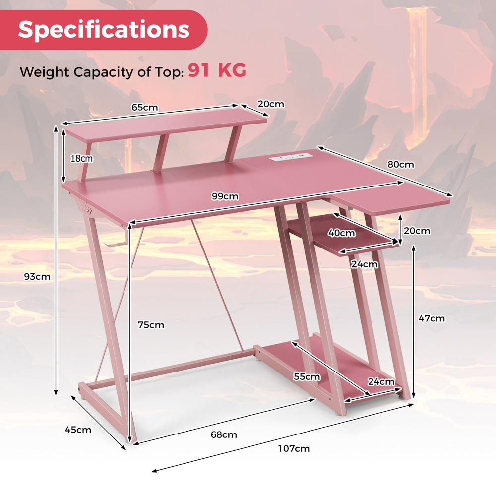 Costway L Shaped Gaming Desk with USB Ports Pink Image 9