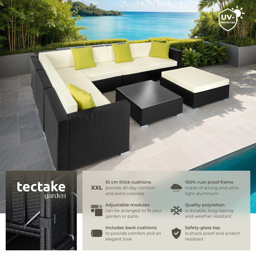 tectake Marbella 7 Seater Black Rattan Garden Corner Lounge Set Image 6