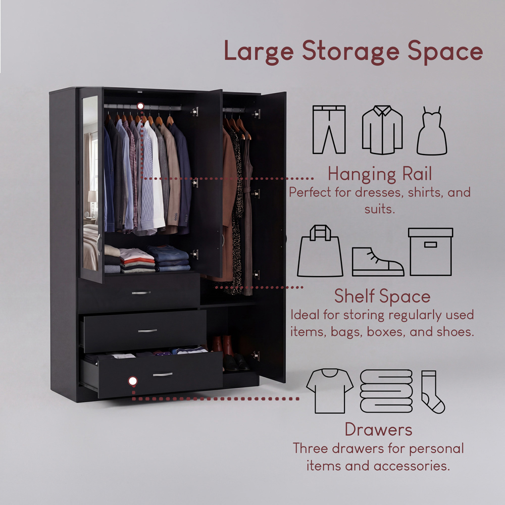 VIDA DESIGNS Riano 3 Door 3 Drawer Black Mirrored Wardrobe Image 7