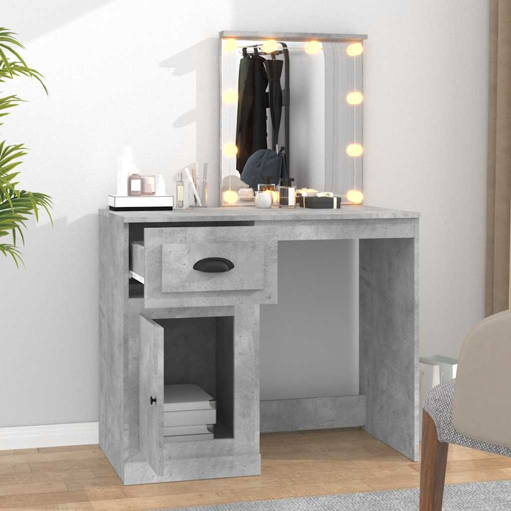 vidaXL Single Door Single Drawer Concrete Grey Dressing Table with LED Mirror Image 1