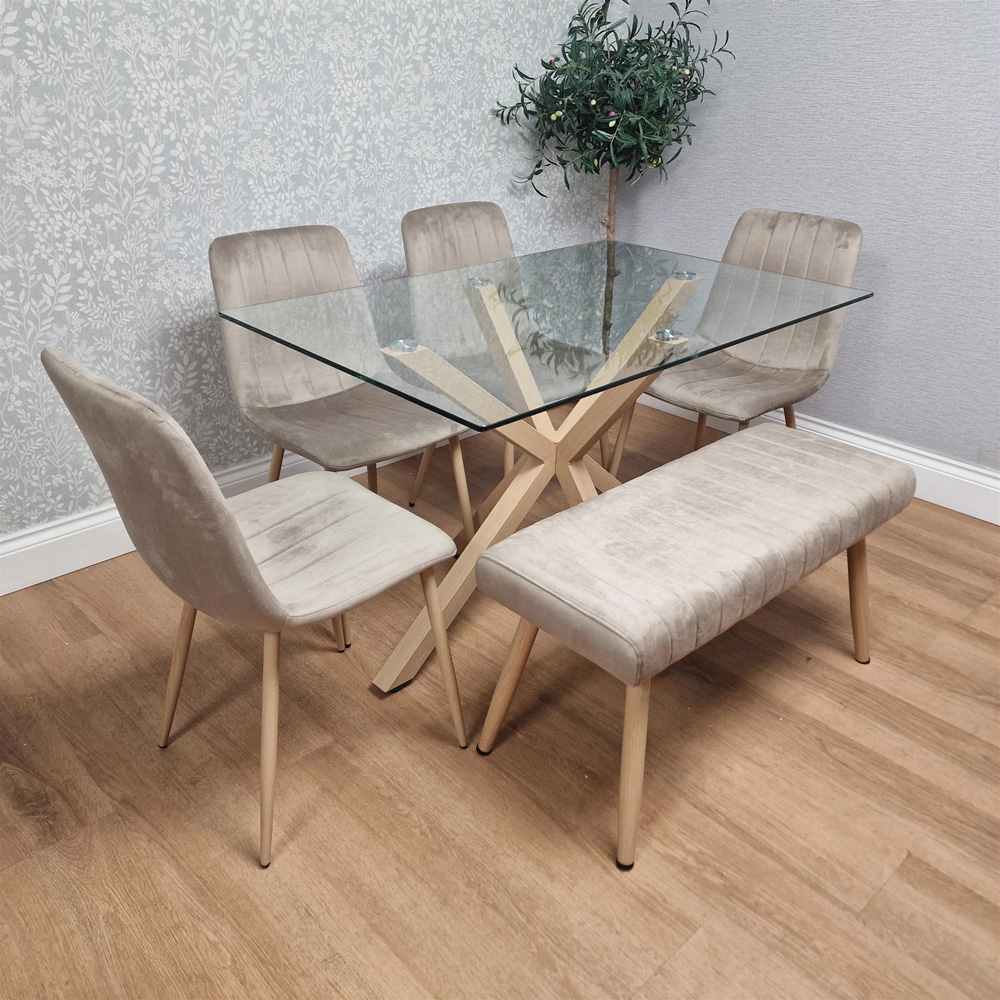 Kosy Koala 6 Seater Tempered Glass Velvet Dining Bench Set Beige Image 5