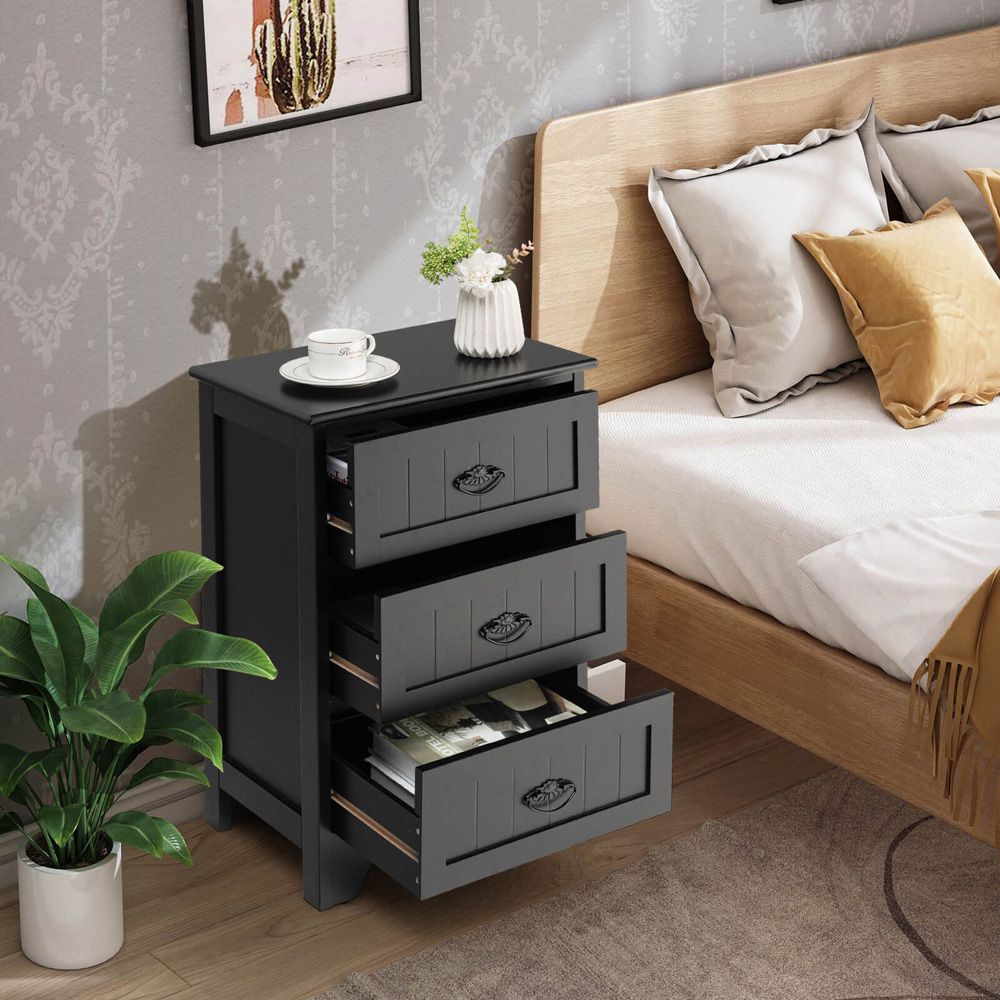 Costway 3 Drawer Black Vintage Bedside Table Image 4