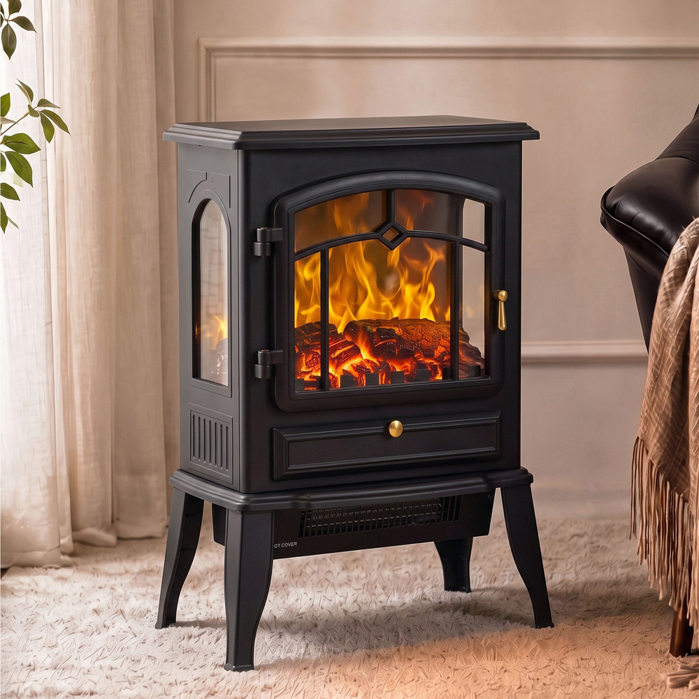 HOMCOM 3-Sided Black Electric Fireplace Stove with Realistic Log Flame Effect Image 2