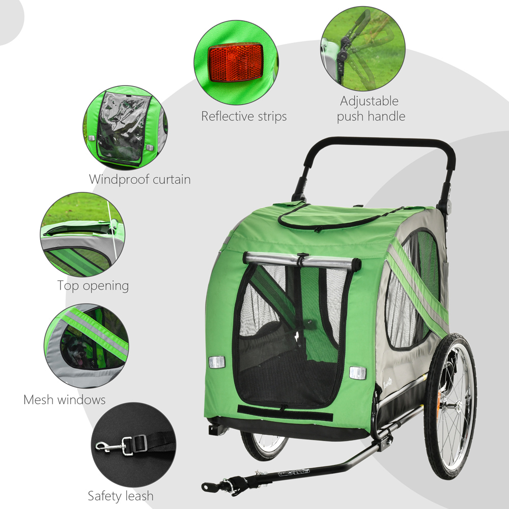 PawHut Green 2 in 1 Dog Bike Trailer Stroller with Flag Image 5