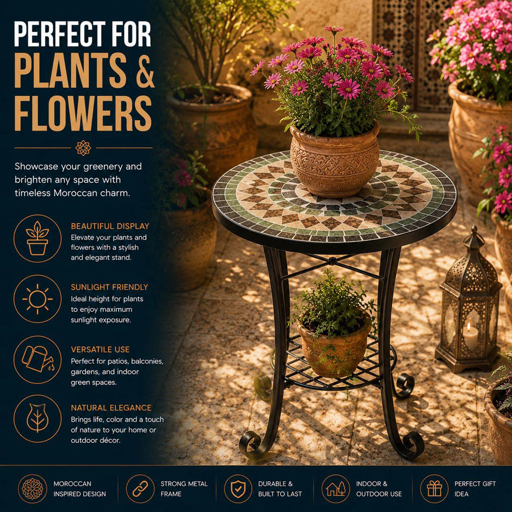 Shatchi Marrakech 2-in-1 Single Shelf Mosaic Ceramic Tile Top Plant Stand Side Table Image 5