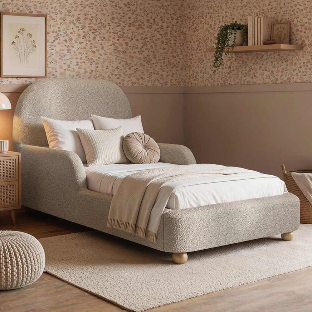 Flair Kira Single Beige Boucle Upholstered Single Bed with Curved Headboard Image 1