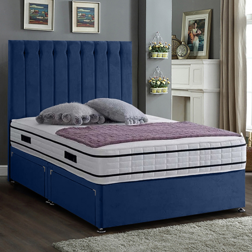 Eleganza Home Snuggler Small Double Sapphire Plush Velvet 2 Drawer Divan Bed with Lined Headboard Image 1