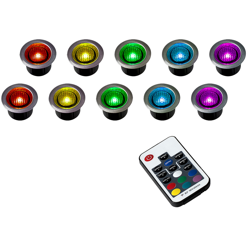 ValueLights 10 Pack Silver Round RGB LED Decking Kitchen Plinth Light with Remote Image 1