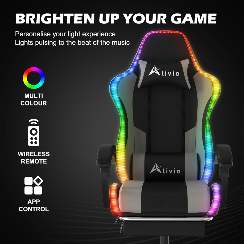 Alivio Grey PU Leather Wireless App Control LED Gaming Chair with Massage Lumbar Cushion Image 8