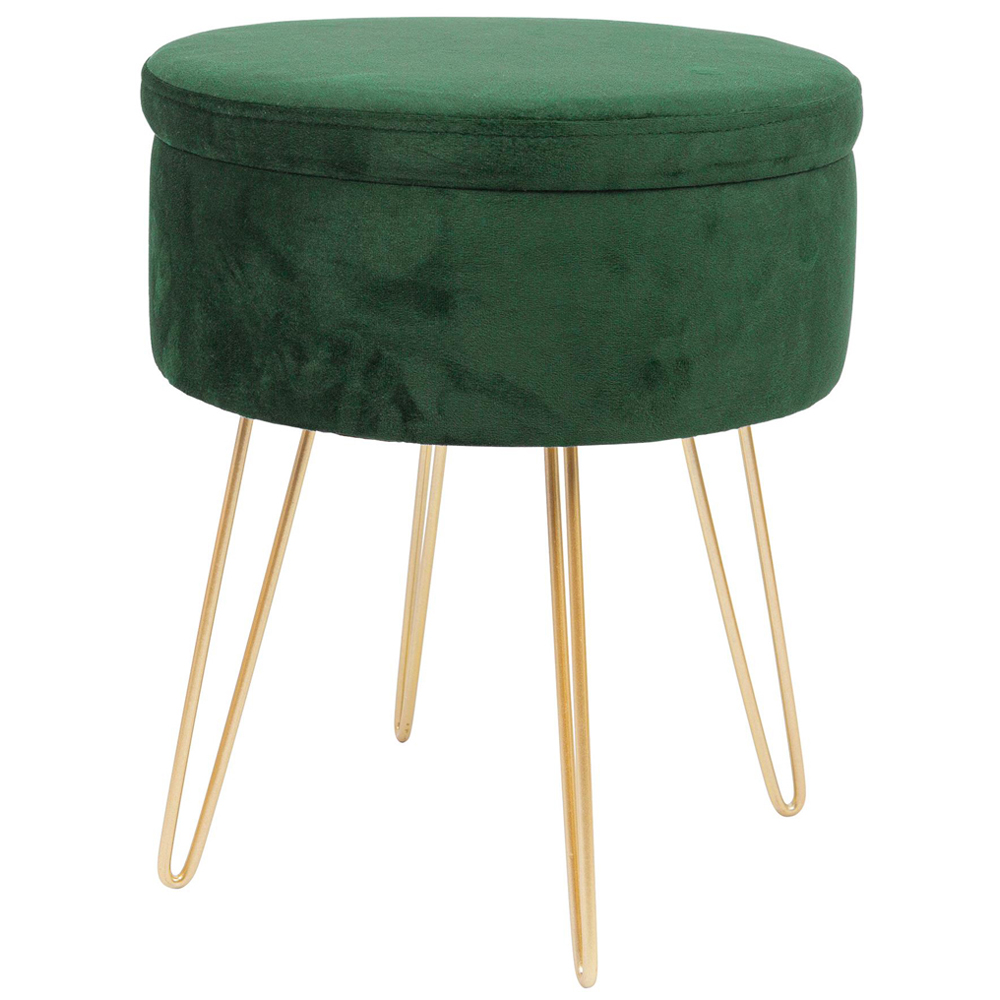 Harbour Housewares Green and Gold Velvet Round Footstool with Storage Image 2