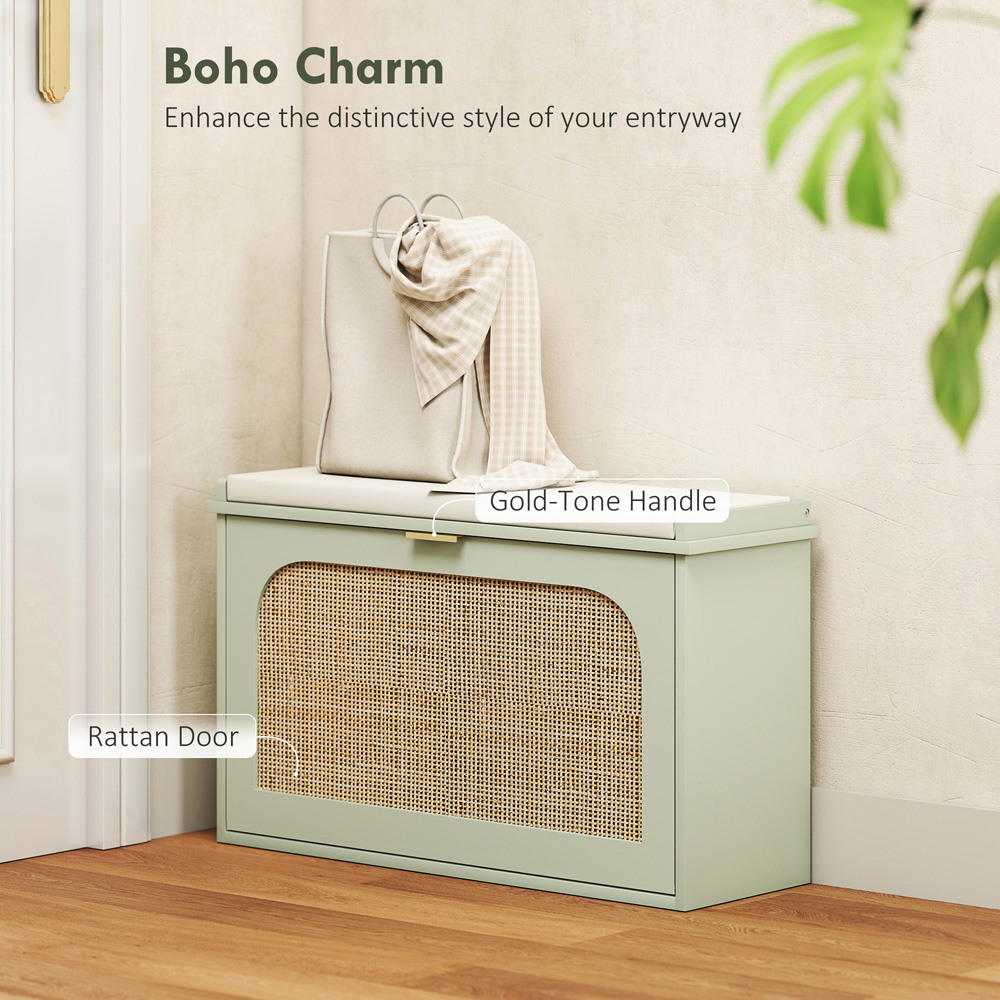 HOMCOM Single Flip Down Drawer Light Green Boho Rattan Shoe Rack Bench Image 5
