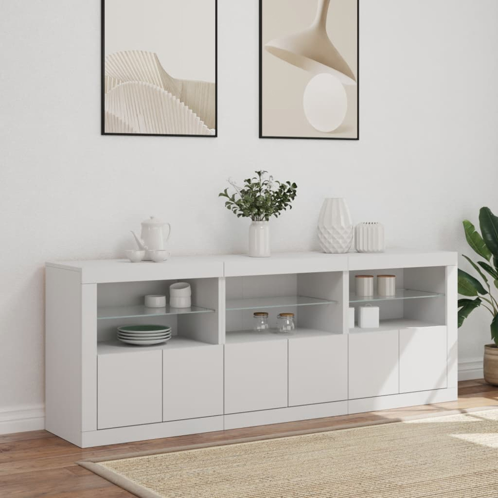 vidaXL 2 Door 2 Shelf White LED Sideboard Set of 3 Image 9