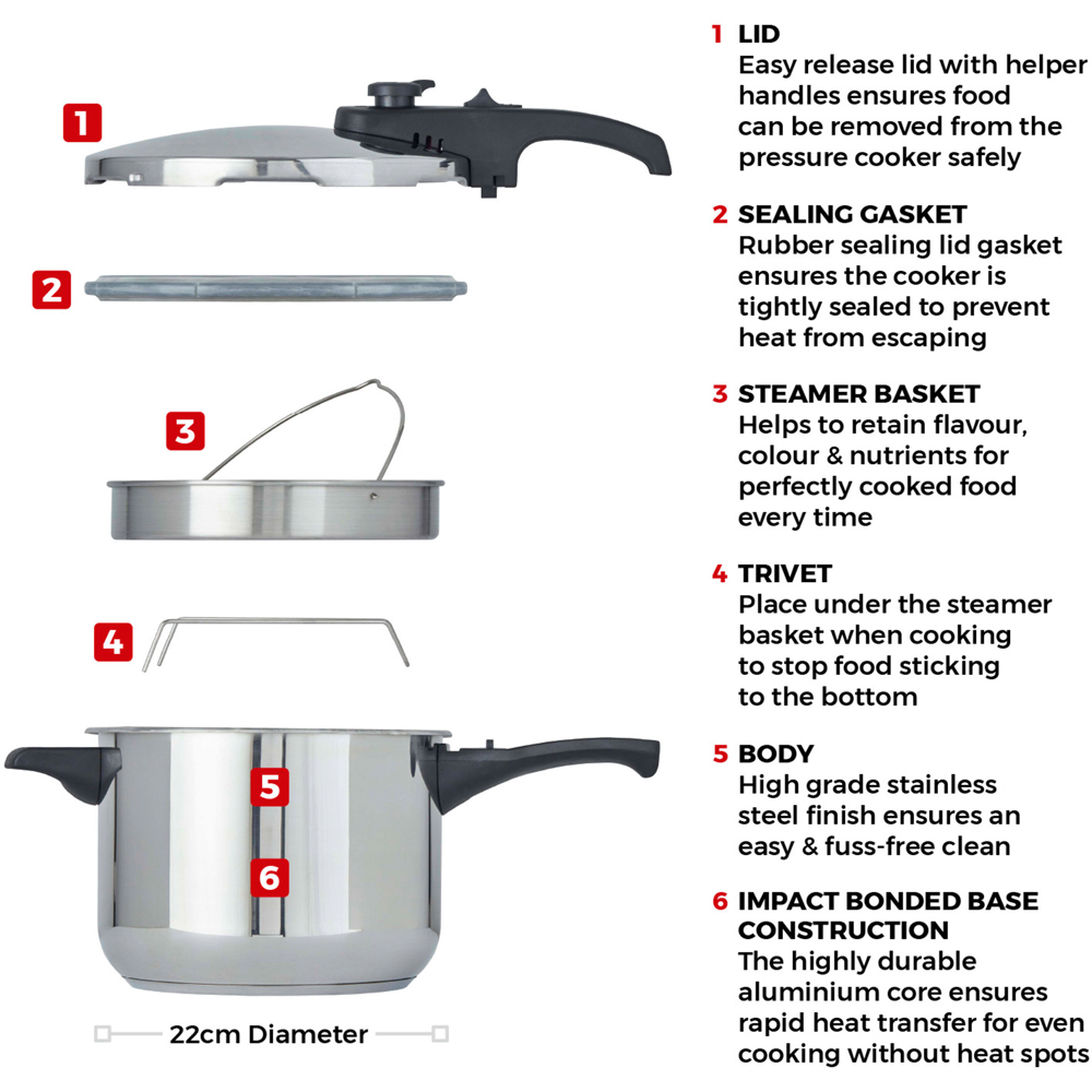 Tower 22cm 6L Stainless Steel Pressure Cooker Image 9