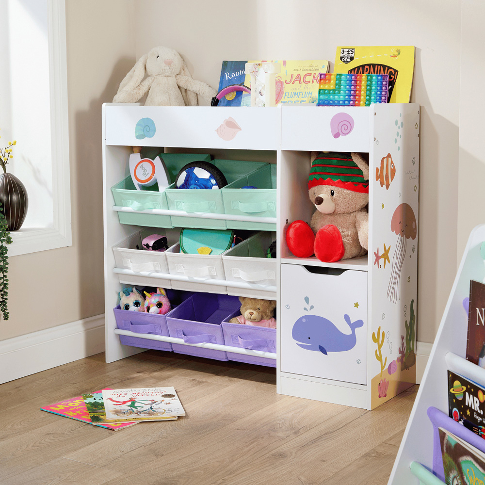 Home Source Anya Single Door 9 Fabric Drawer 3 Shelf Multicolour Sealife Animal Kids Bookcase Image 8