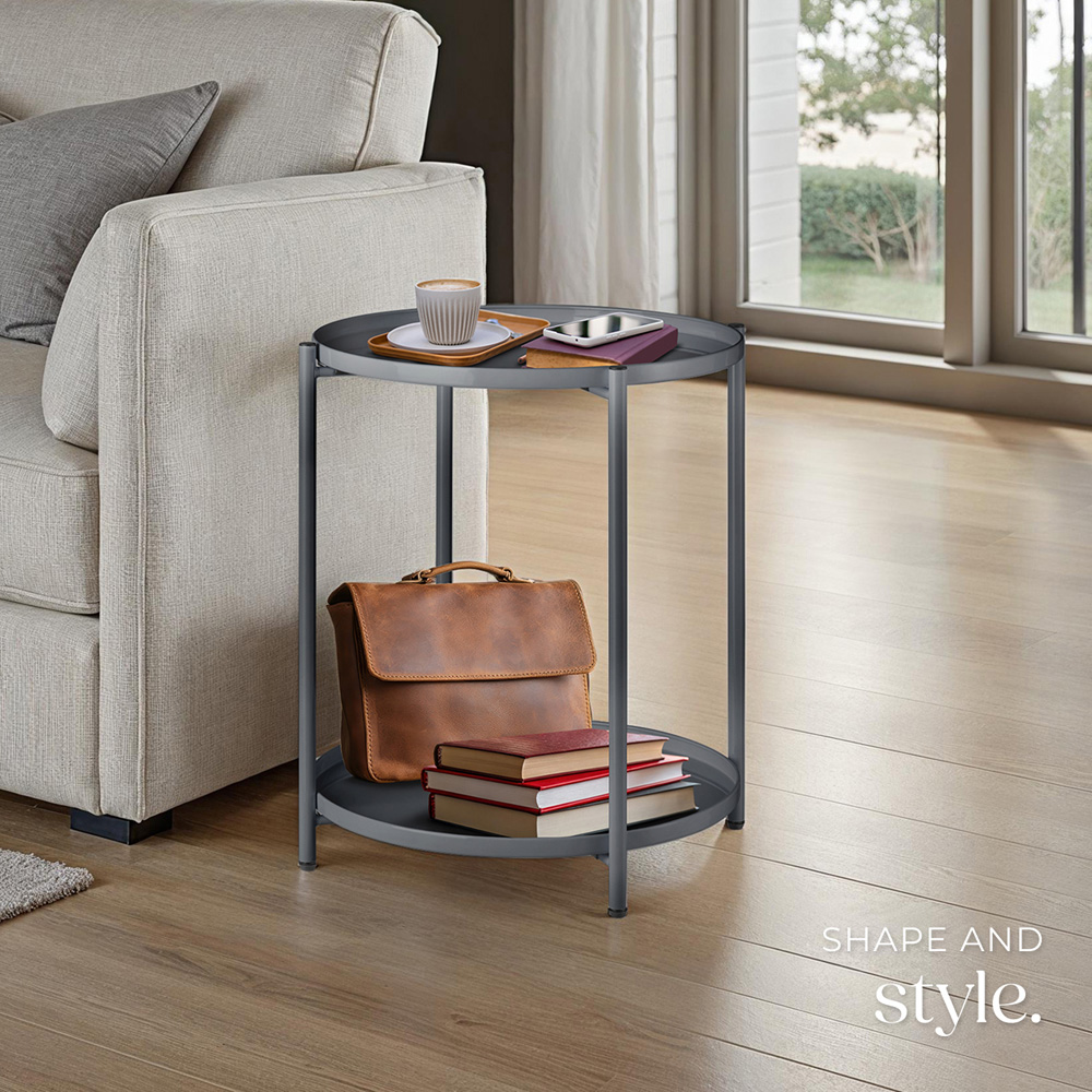 tectake Oxford 2 Shelf Dark Grey Round Bedside Table Image 7