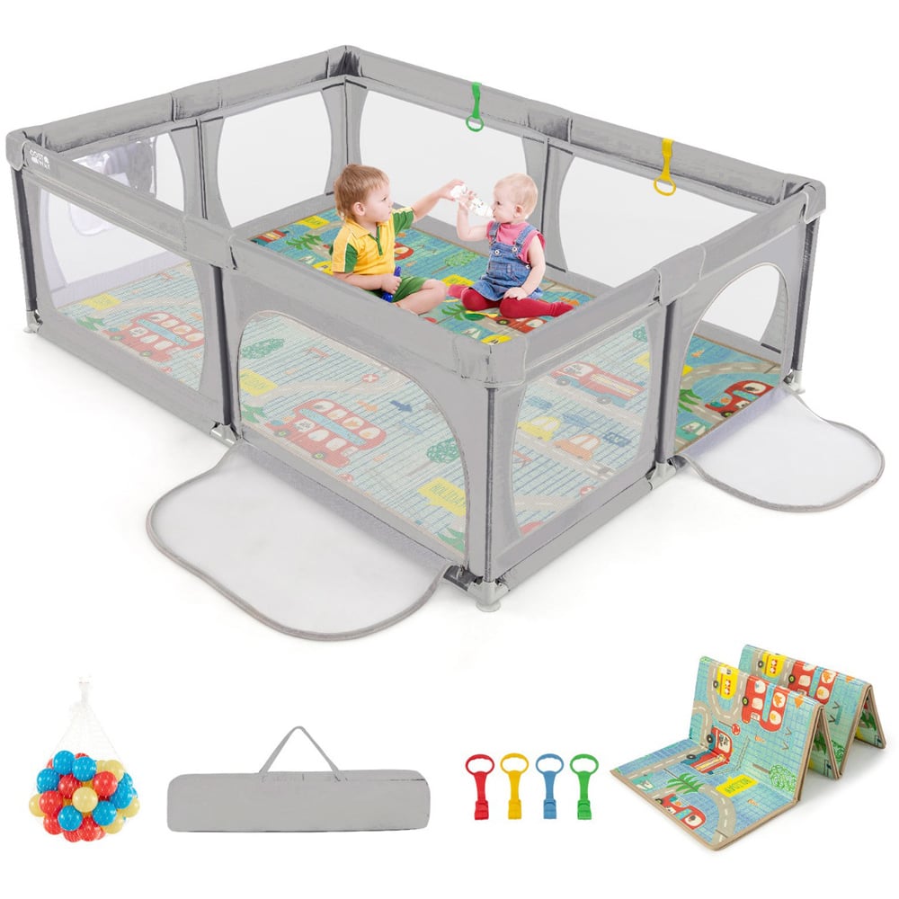 Costway Light Grey 4 Pull Rings Baby Playpen with Mat and Balls Image 3