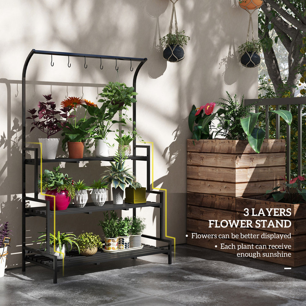 Outsunny 3 Tiered Plant Rack Stand with Hanging Hooks Image 4