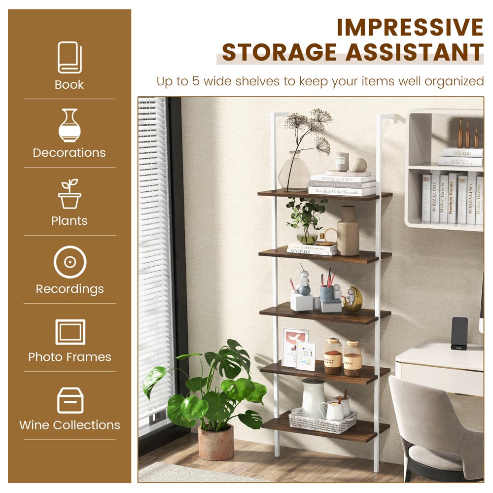 Costway 5 Shelf Steel Frame Natural Ladder Shelf Unit Image 5