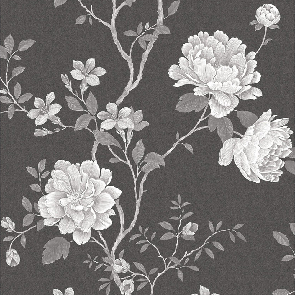 Galerie Vintage Roses Large Rose Trail Black Silver Grey White Wallpaper Image 1