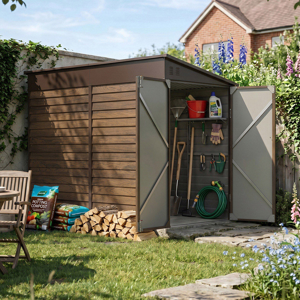 Living and Home 4.6 x 9ft Wood Grain Finish Metal Pent Garden Storage Shed Image 3