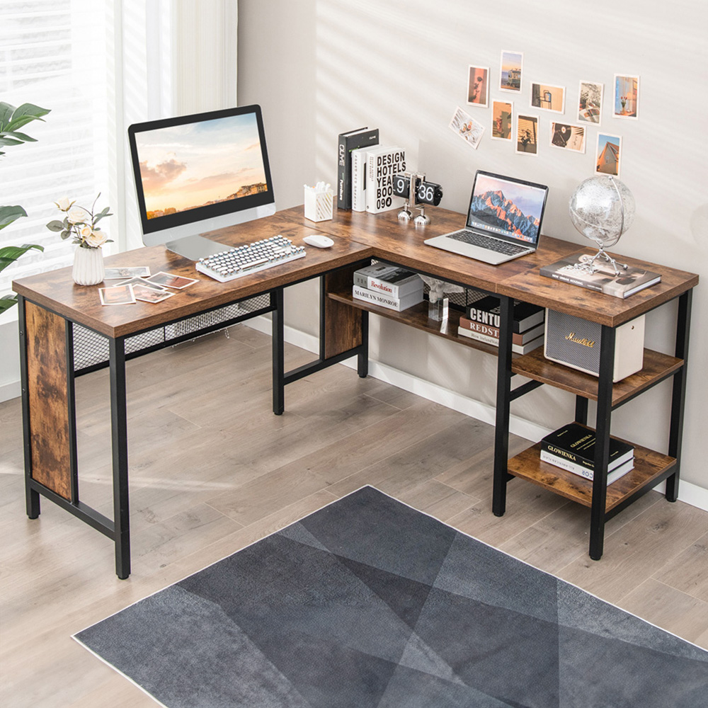 Costway L Shaped 3 Shelf Computer Desk Rustic Brown Image 1