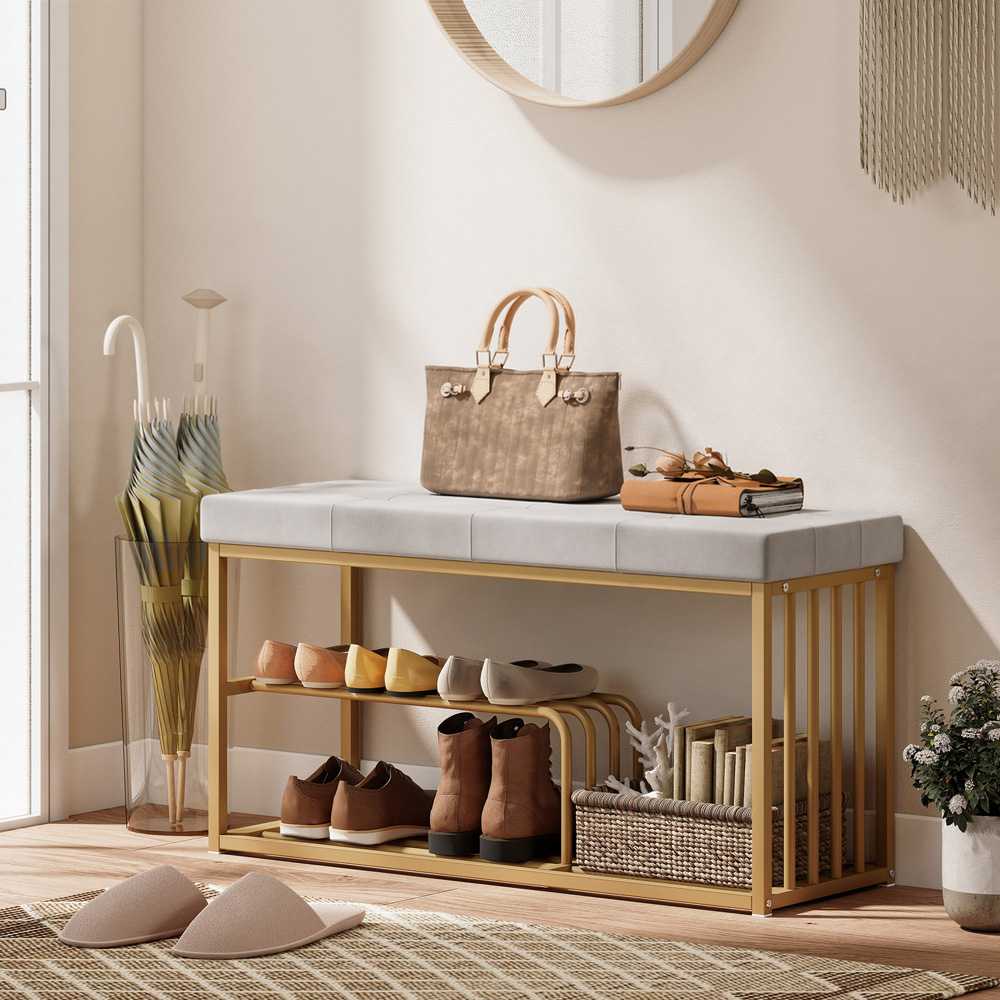 Portland 3 Shelf Grey Shoe Rack Bench with Tufted Cushion Seat Image 2