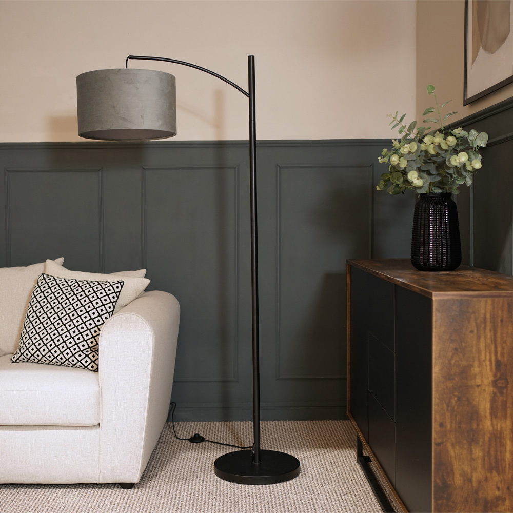 ValueLights Preto Black and Grey Velvet Shade Metal LED Floor Lamp Image 2