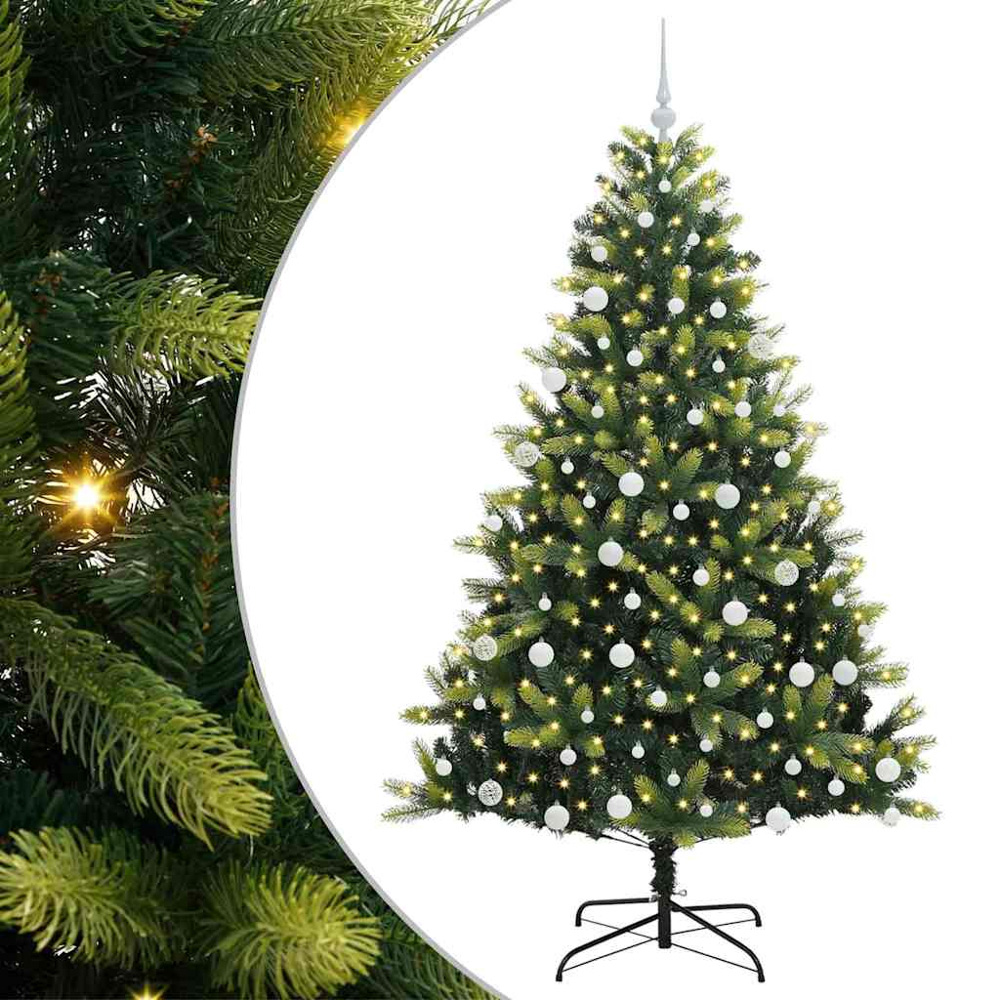 vidaXL Pre-Lit White Baubles Green Artificial Hinged Christmas Tree 6ft Image 2