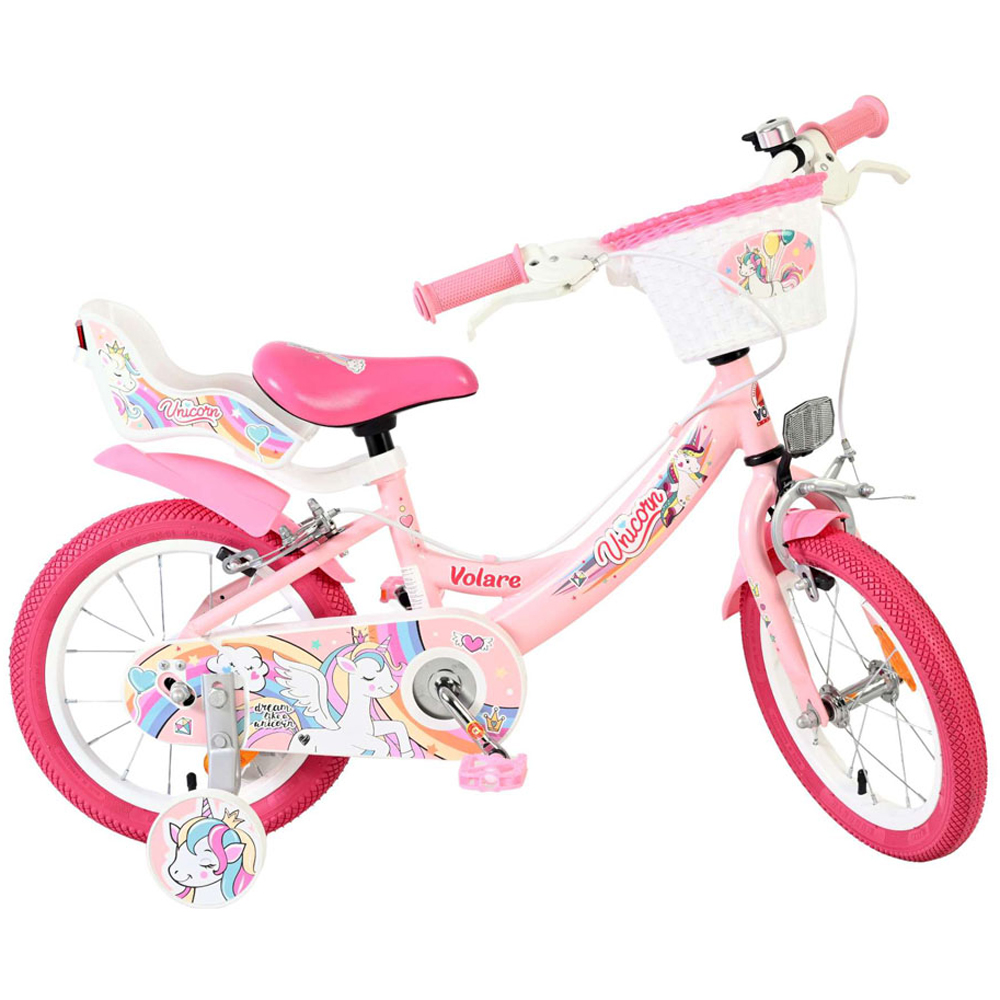 Volare Unicorn Kids 14 inch Pink Bike with Stabilisers Doll Seat and Basket Image 4