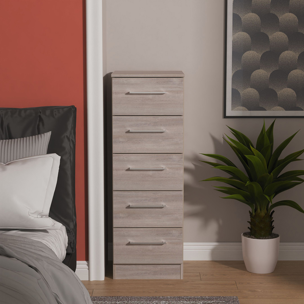 Crowndale Worcester 5 Drawer Grey Oak Tall Bedside Cabinet Ready Assembled Image 7