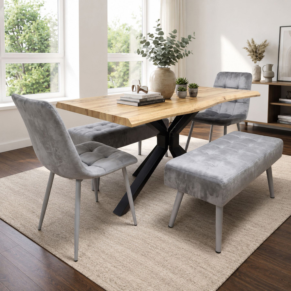 Kosy Koala 6 Seater Velvet Wooden Rectangle Dining Set with Bench Grey Image 1