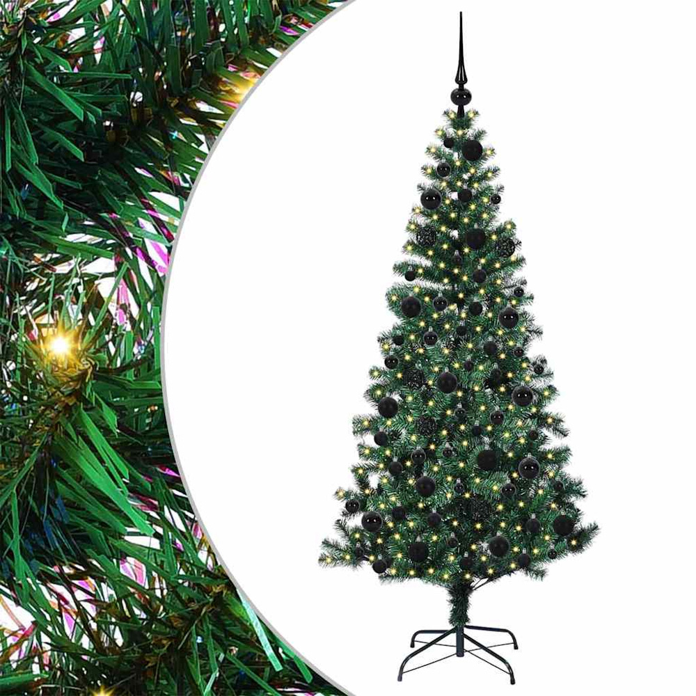 vidaXL Pre-Lit Black Baubles Green Artificial Christmas Tree 6ft Image 2