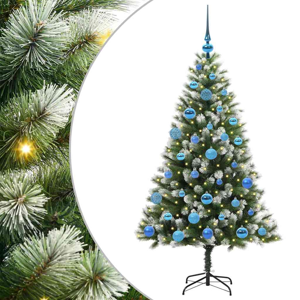 vidaXL Pre-Lit Blue Baubles Green Artificial Snow Tipped Hinged Christmas Tree 5ft Image 2