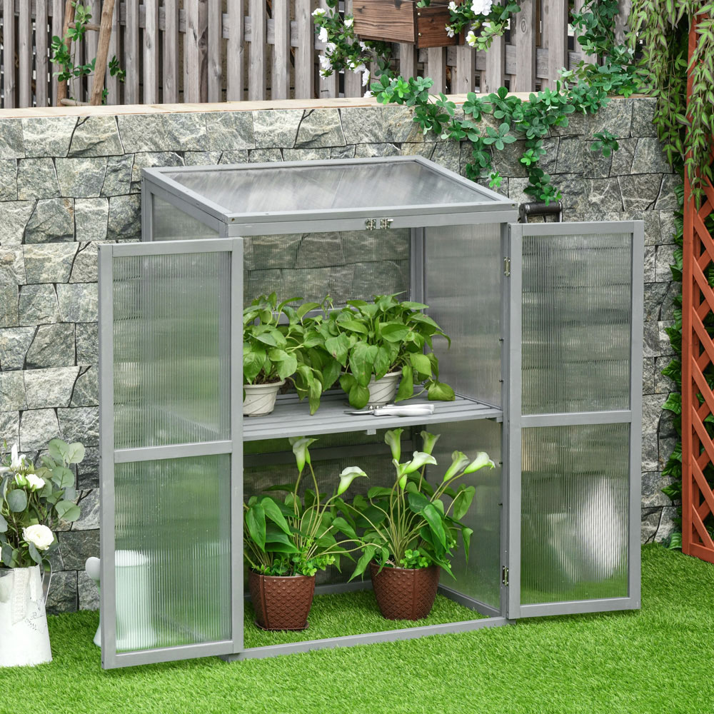 Outsunny 3 Shelf Grey Wooden Polycarbonate 2.5 x 1.5ft Cold Frame Greenhouse Image 2