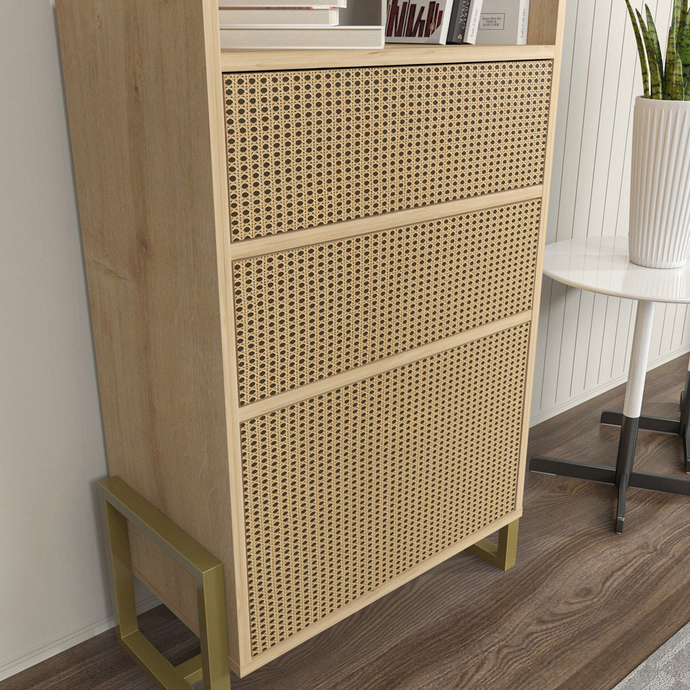 Decorotika Utopie 3 Door 2 Shelf Oak and Rattan Modern Bookshelf Image 5
