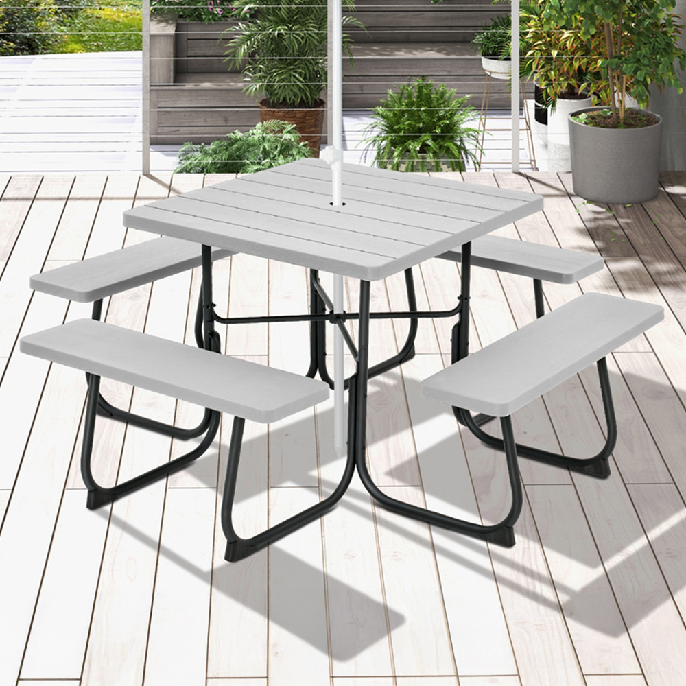 Costway 8 Seater Round Picnic Grey Table and Bench Set Image 1