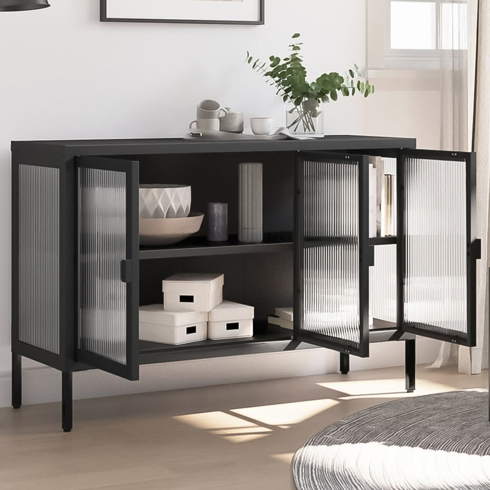 vidaXL 3 Fluted Glass Door Black Modern Sideboard Image 1