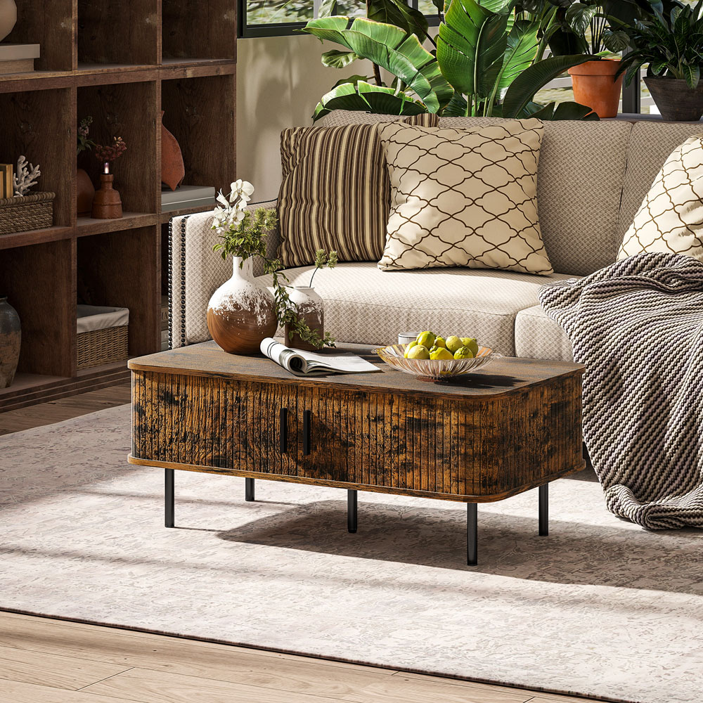 HOMCOM 2 Door Brown Coffee Table with Sliding Doors Image 3
