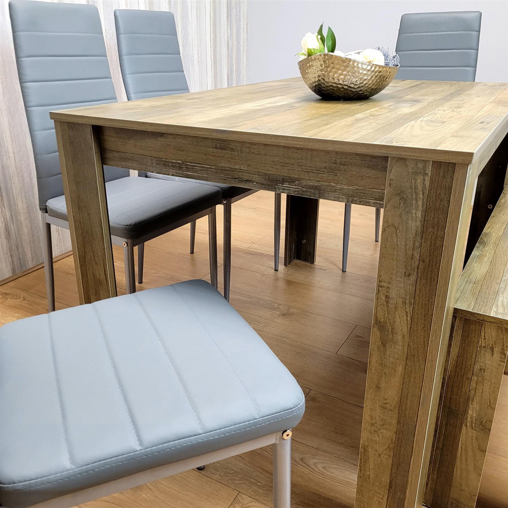 Portland 6 Seater Dining Set Rustic Effect and Grey Leather with Bench Image 3