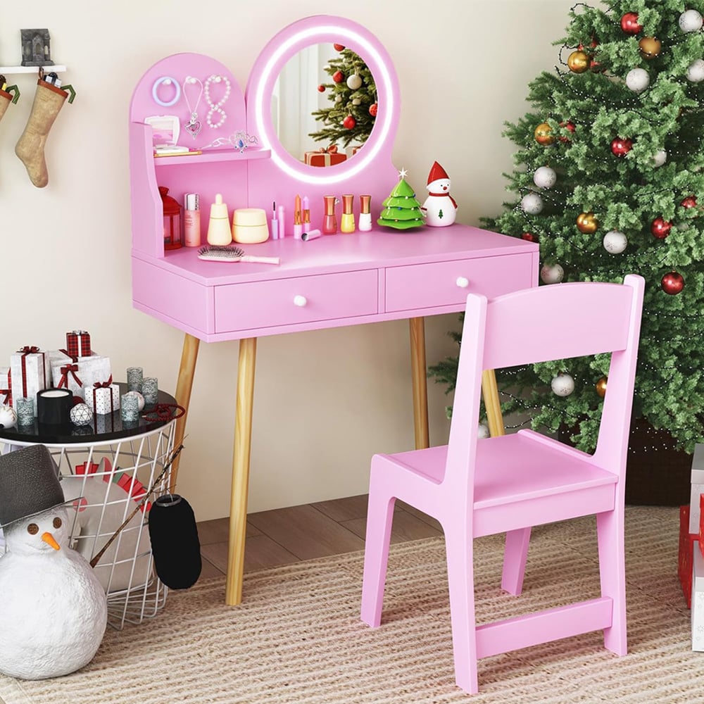 Costway 2 Drawer Pink LED Mirror Wooden Kid Vanity Set Image 1