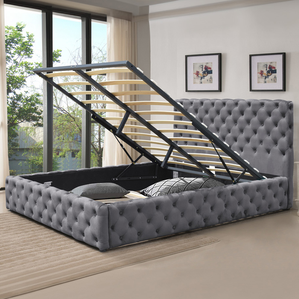 Comfy Living Double Grey Tufted Fabric Gaslift Bed Frame Image 1