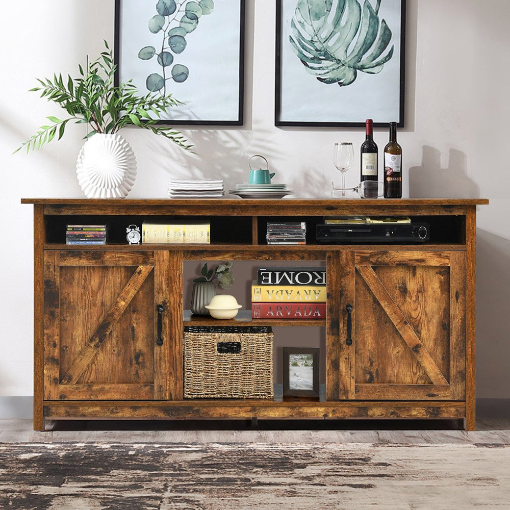 Costway Wooden TV Cabinet with Barn Doors and Open Shelf Image 1