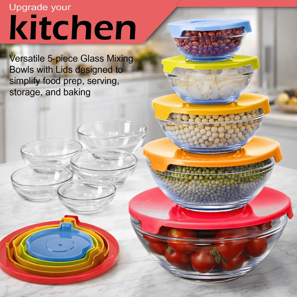 ATEK 5 Piece Stackable Glass Food Storage Bowl Set with Colour Lids Image 3