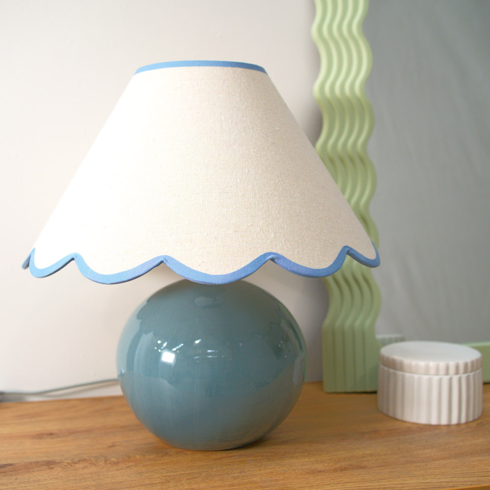 ValueLights Bosco Eucalyptus Teal Blue Trim Scallop Shade Ceramic LED Table Lamp Image 3